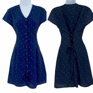 YACHT 21 Button Front Dress Sz S Blue All Over Anchors Corset Sailor Nautical